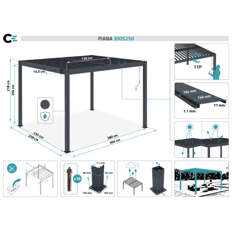 Pérgola Bioclimática Autoportante PIANA 3x2,5 m Aluminio Gris Antracita