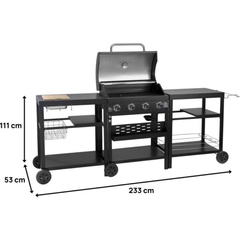 Cocina Exterior con Barbacoa de Gas 4 Quemadores 12 kW y 2 Mesas Auxiliares - Negro