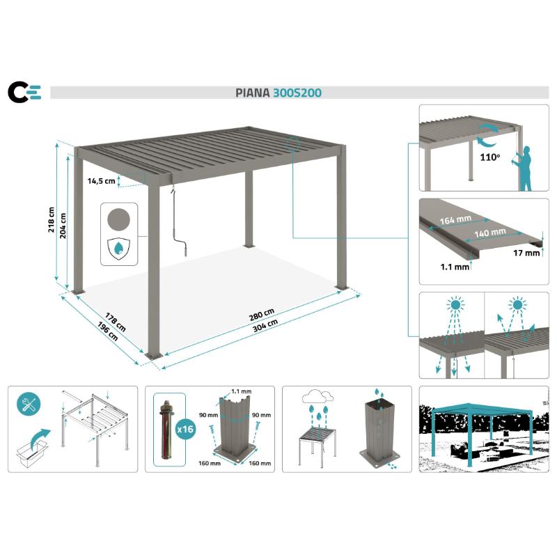 Pérgola Bioclimática PIANA 3x2 m Aluminio Topo con Lamas Orientables