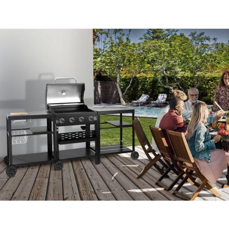 Cocina Exterior con Barbacoa de Gas 4 Quemadores 12 kW y 2 Mesas Auxiliares - Negro