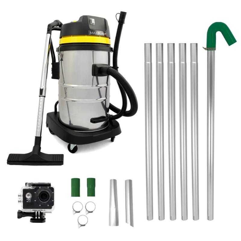 Kit de Limpieza de Canalones con Aspiradora 60L, Tubos Extensibles y Cámara 4K WiFi